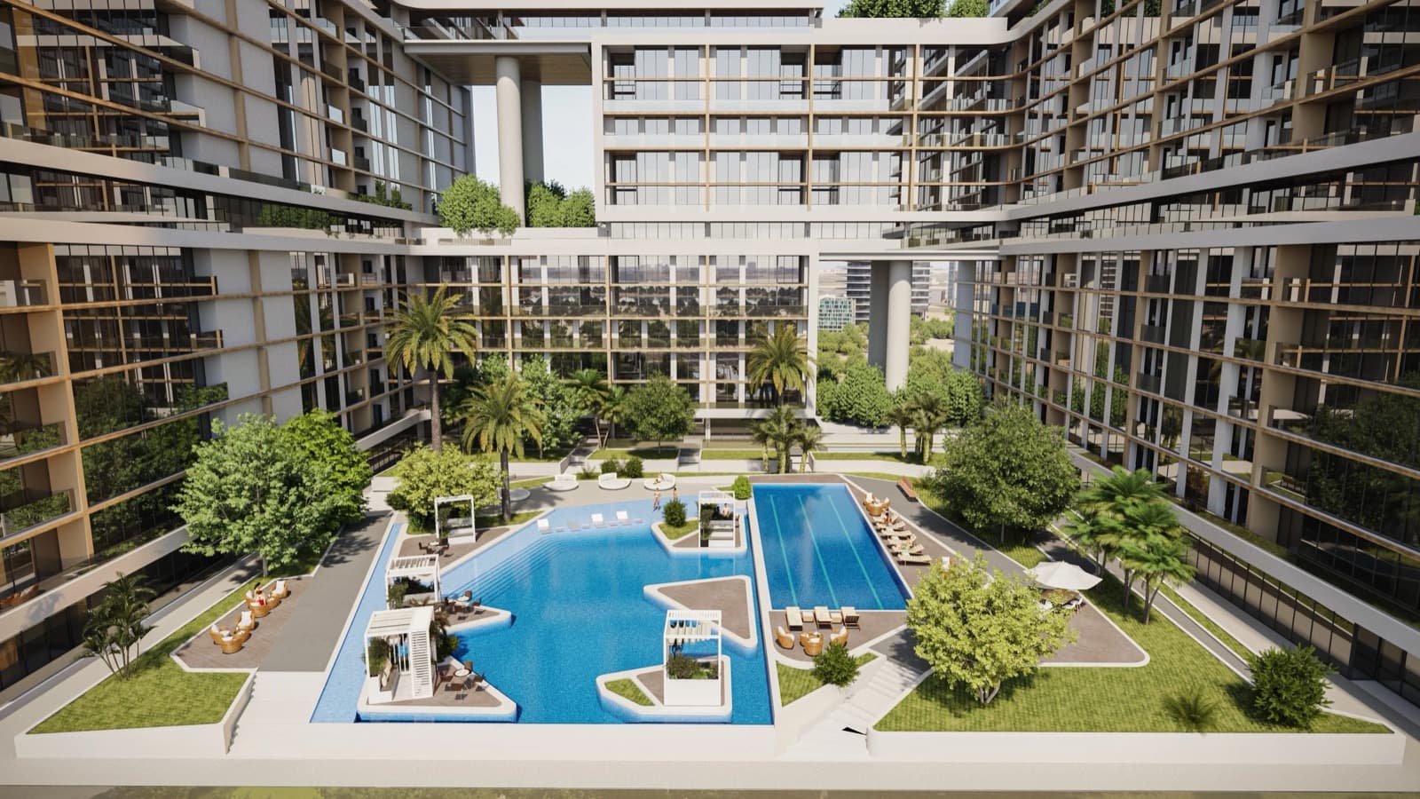 Everyday life — Pools, a tennis court, a medical clinic, gyms, shops and restaurants, jogging tracks and an open-air cinema.