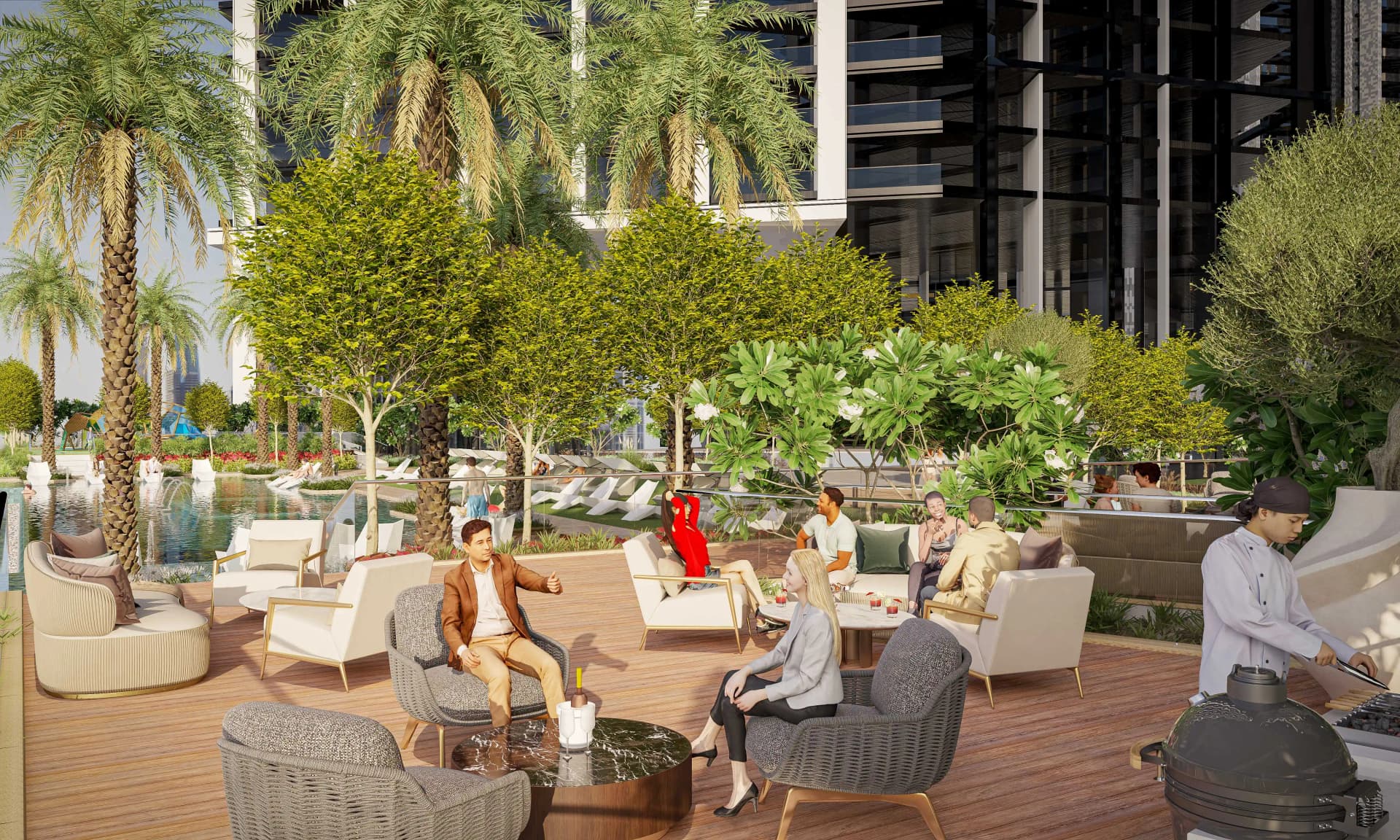 Everyday life — Pools, a climbing wall, an outdoor cinema, a dog park, an indoor theatre and a prayer hall.